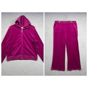 Y2K Velour Tracksuit Womens 3X Purple Hooded Jacket Wide Leg High Rise Pants NEW